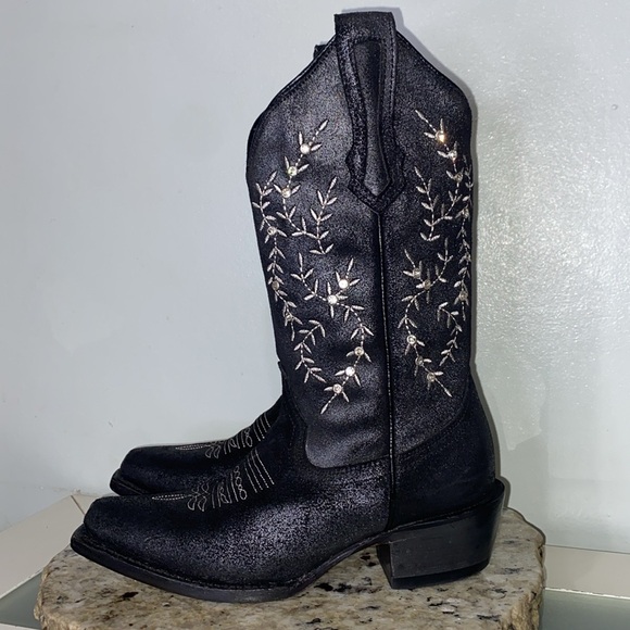J.B. Dillon Black Leather Embroidered Rhinestone Snip Toe Western Boots 5.5 B - Picture 5 of 15